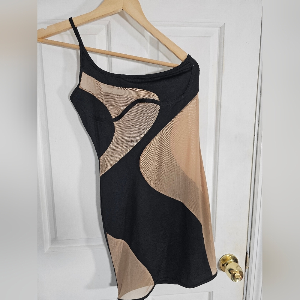 One Shoulder Elegant Black and Tan Sheer  Women's Intimate Wear